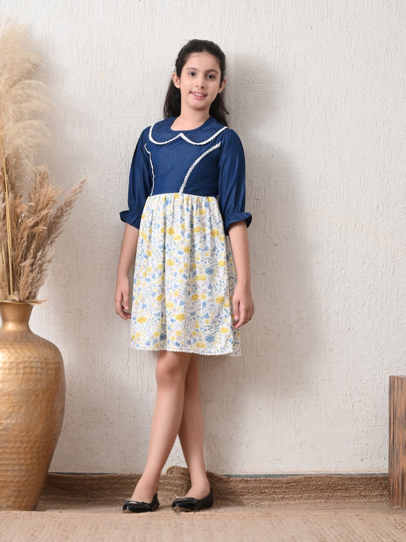 Floral Printed Dress for Girls - Navy